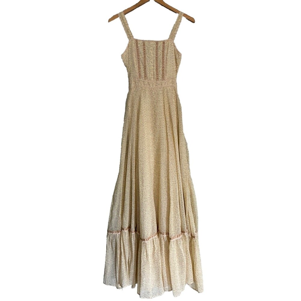 Vtg Gunne Sax Jessica Prairie Dress 7 XS Prairie Pale Yellow Floral Sleeveless
